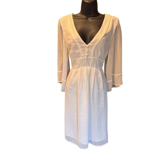 Tulle Womens Ivory V-Neck Dress With Belt & Button Detail 3/4 Sleeves - L - Picture 1 of 9